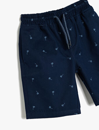 Beli Bağcıklı Baskılı Palmiye Pamuklu Bermuda Şort