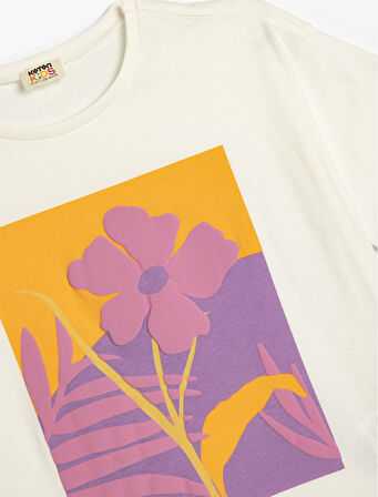 Tişört Çiçek Baskılı Kısa Kollu Bisiklet Yaka Pamuklu