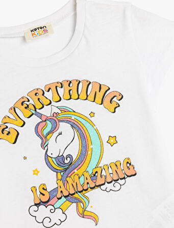 Unicorn Baskılı Püsküllü Tişört Kısa Kollu Pamuklu
