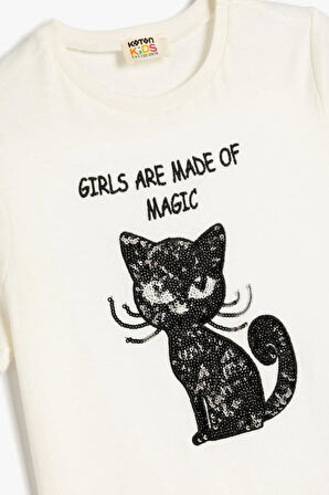 Koton Kız Çocuk Tişört Kısa Kollu Kedi Baskılı Bisiklet Yaka Pamuklu Pullu Payetli