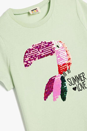 Koton Kız Çocuk Tişört Pullu Payetli Kısa Kollu Papağan Baskılı Pamuklu