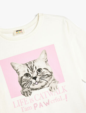 Tişört Kedi Baskılı Bisiklet Yaka Kısa Kollu Pamuklu