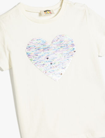 Tişört Pullu Payetli Kalpli Bisiklet Yaka Pamuklu