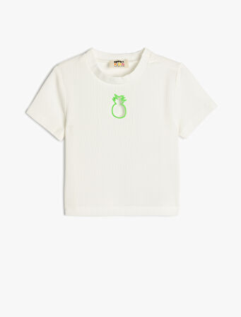 Bisiklet Yaka Kısa Kollu Ananas Pencere Detaylı Crop Tişört