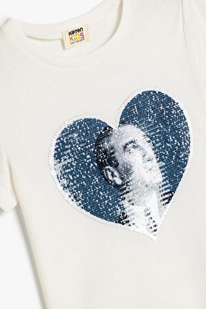 Koton Kız Çocuk Atatürk Baskılı Tişört Pullu Payetli Bisiklet Yaka Kısa Kollu Pamuklu