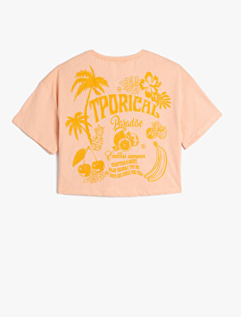 Tropik Baskılı Krop Tişört Kısa Kollu Bisiklet Yaka