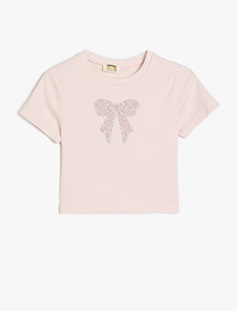 Pamuklu Bisiklet Yaka Kısa Kollu Fiyonk Baskılı Crop Tişört