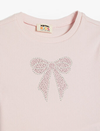 Pamuklu Bisiklet Yaka Kısa Kollu Fiyonk Baskılı Crop Tişört