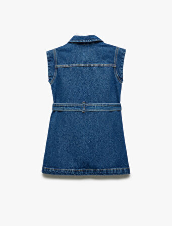Pamuklu Kemer Detaylı Düğmeli Cepli Denim Elbise