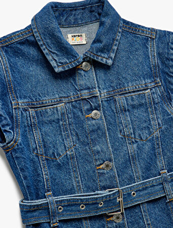 Pamuklu Kemer Detaylı Düğmeli Cepli Denim Elbise