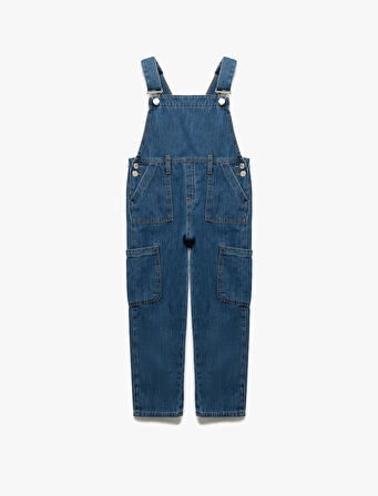Pamuklu Kare Yaka Ayarlanabilir Askılı Uzun Denim Salopet Tulum