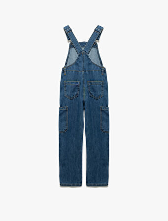 Pamuklu Kare Yaka Ayarlanabilir Askılı Uzun Denim Salopet Tulum