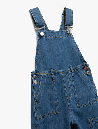 Pamuklu Kare Yaka Ayarlanabilir Askılı Uzun Denim Salopet Tulum