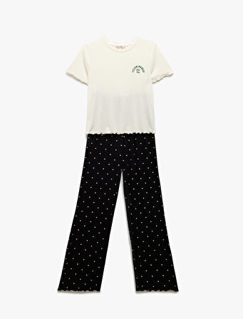 Nakış Detaylı Viskon Kısa Kollu Puantiyeli Pijama Takımı