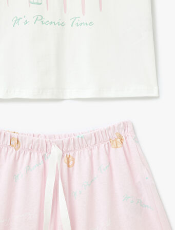 Baskılı Bisiklet Yaka Kısa Kollu Pamuklu Şortlu Pijama Takımı