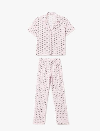 Köpek Grafik Baskılı Kısa Kollu Pamuklu Gömlek Yaka Pijama Takımı