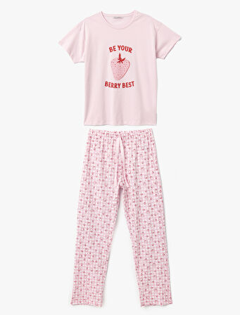 Çilek Baskılı Kısa Kollu Pamuklu Pijama Takımı