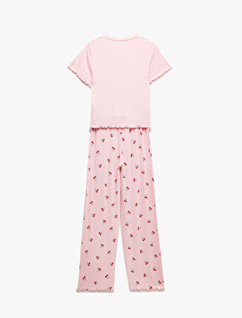 Rahat Kalıp Kaşkorse Viskon Kısa Kollu Kiraz Baskılı Pijama Takımı