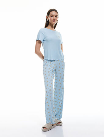 Viskon Kaşkorse Kısa Kollu Bisiklet Yaka Baskılı Pijama Takımı