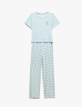 Viskon Kaşkorse Kısa Kollu Bisiklet Yaka Baskılı Pijama Takımı