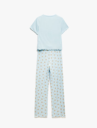 Viskon Kaşkorse Kısa Kollu Bisiklet Yaka Baskılı Pijama Takımı