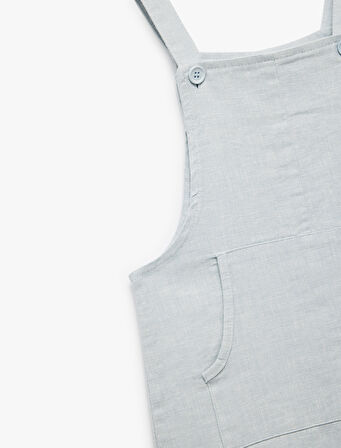 Kare Yaka Kanguru Cepli Pamuk Keten Karışımlı Askılı Salopet Tulum