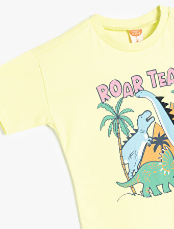 Dinozor Baskılı Bisiklet Yaka Kısa Kollu Pamuklu Tişört