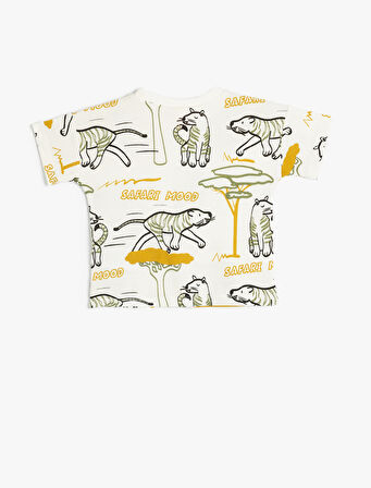 Tişört Kaplan Baskılı Kısa Kollu Bisiklet Yaka Pamuklu