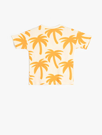 Palmiye Desenli Kısa Kollu Bisiklet Yaka Pamuklu Tişört