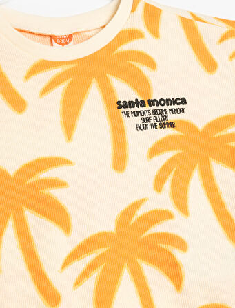 Palmiye Desenli Kısa Kollu Bisiklet Yaka Pamuklu Tişört