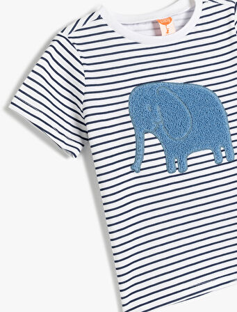 Fil Aplikeli Bisiklet Yaka Kısa Kollu Pamuklu Tişört