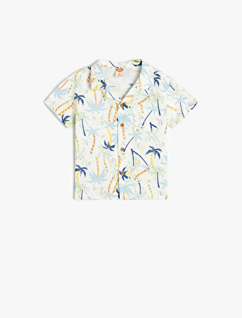 Palmiye Baskılı Düğmeli Pamuklu Kısa Kollu Gömlek