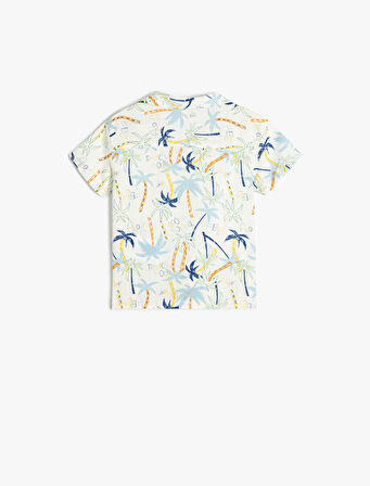 Palmiye Baskılı Düğmeli Pamuklu Kısa Kollu Gömlek