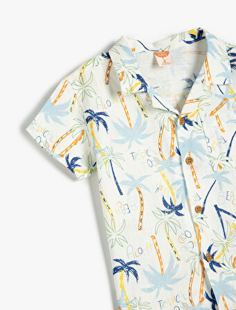 Palmiye Baskılı Düğmeli Pamuklu Kısa Kollu Gömlek