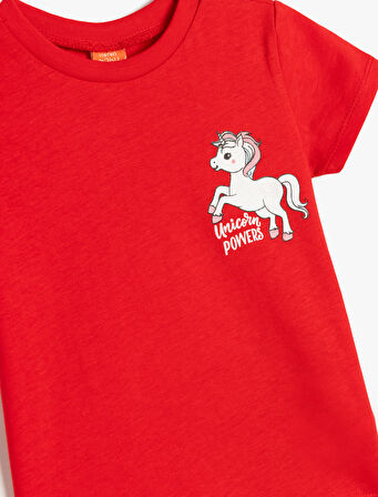 Pamuklu Kısa Kollu Unicorn Baskılı Bisiklet Yaka Tişört