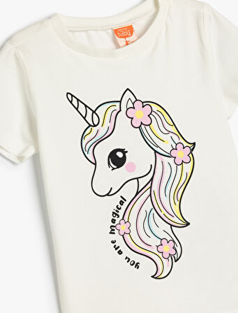 Unicorn Baskılı Tişört Uzun Kollu Bisiklet Yaka Pamuklu