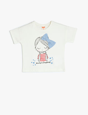 Pamuklu Fiyonk Detaylı Slogan Baskılı Kısa Kollu Tişört