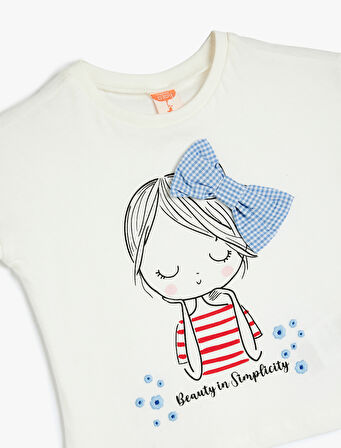 Pamuklu Fiyonk Detaylı Slogan Baskılı Kısa Kollu Tişört