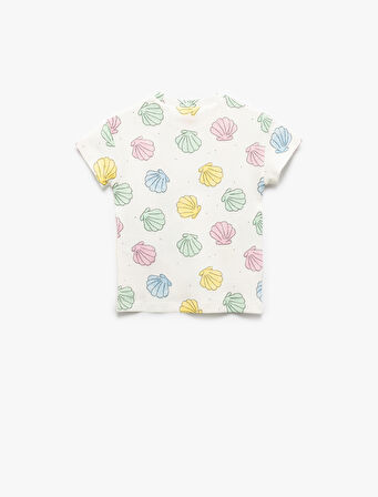 Pamuklu Deniz Kabuğu Desenli Bisiklet Yaka Kısa Kollu Tişört