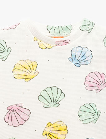 Pamuklu Deniz Kabuğu Desenli Bisiklet Yaka Kısa Kollu Tişört