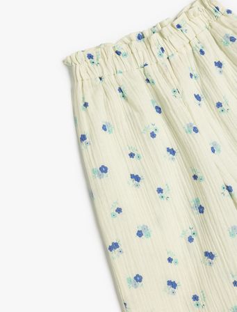 Çiçekli Pantolon Geniş Paça Beli Lastikli Pamuklu 