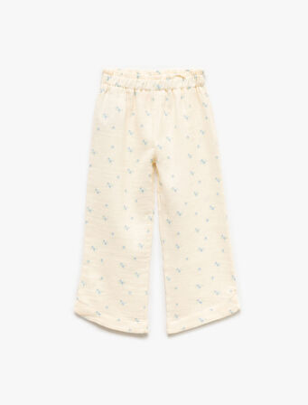 Pamuklu Beli Lastikli Çiçekli Müslin Geniş Paça Pantolon