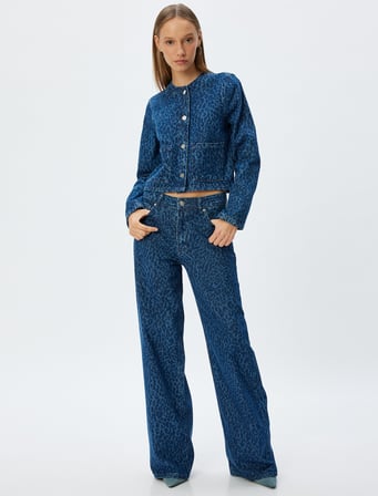 Geniş Paça Kot Pantolon Leopar Baskılı Standart Bel Düğmeli Cepli - Wide Leg Jeans