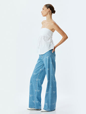 Geniş Paça Kot Pantolon Standart Bel Fiyonk Desenli Düğmeli Cepli - Wide Leg Jean