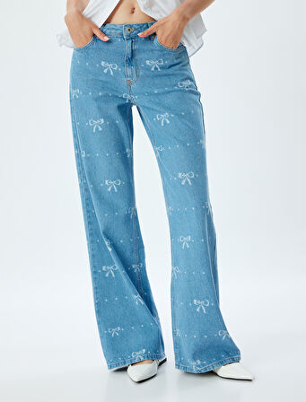 Geniş Paça Kot Pantolon Standart Bel Fiyonk Desenli Düğmeli Cepli - Wide Leg Jean