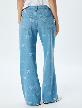 Geniş Paça Kot Pantolon Standart Bel Fiyonk Desenli Düğmeli Cepli - Wide Leg Jean