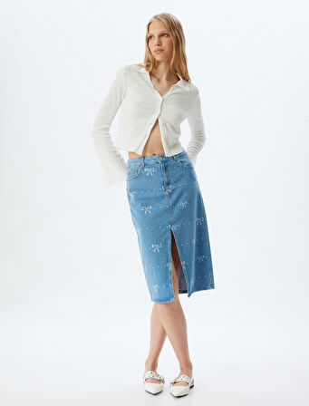 Midi Kot Etek Yüksek Bel Yırtmaç Detaylı Fiyonk Desenli Düğmeli