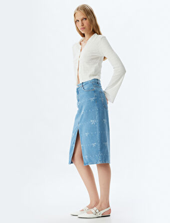 Midi Kot Etek Yüksek Bel Yırtmaç Detaylı Fiyonk Desenli Düğmeli