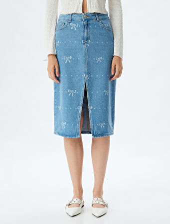 Midi Kot Etek Yüksek Bel Yırtmaç Detaylı Fiyonk Desenli Düğmeli