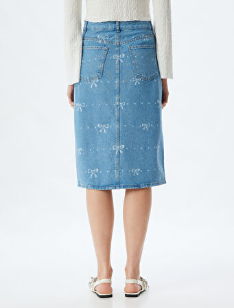 Midi Kot Etek Yüksek Bel Yırtmaç Detaylı Fiyonk Desenli Düğmeli